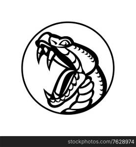 Mascot illustration of an aggressive copperhead or Agkistrodon contortrix, a species of venomous snake member of subfamily Crotalinae or pit viper set inside circle baring fangs in retro style.. Aggressive Copperhead Snake Baring Fangs Mascot Black and White