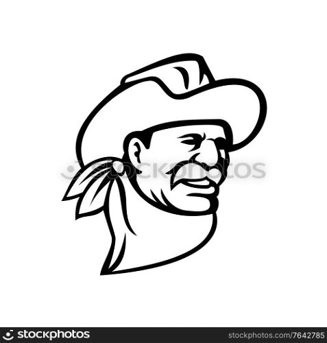 Mascot illustration of an American cowboy wearing a hat, mustache and neckerchief or bandana looking to side on isolated background in retro black and white style.. American Cowboy Wearing a Hat Mustache and Bandana Mascot Black and White
