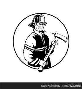 Mascot illustration of an American fireman or firefighter holding fire ax set inside circle viewed from front on isolated background in retro black and white style.. American Fireman Firefighter First Responder Holding Fire Ax Mascot Black and White