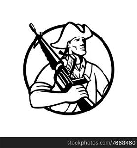 Mascot illustration of an American patriot revolutionary solder with assault rifle on shoulder looking forward viewed from front set in circle on isolated background in retro black and white style.. American Patriot Revolutionary Solder with Assault Rifle Mascot Black and White