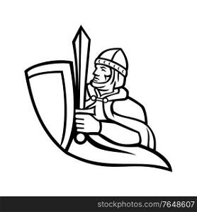Mascot illustration of bust of a medieval king or knight wielding a sword and shield from waist up viewed from side on isolated background in retro Black and White style.. Bust of Medieval King Regnant Wielding a Sword and Shield Black and White Mascot
