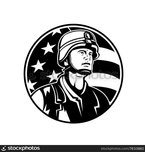 Mascot illustration of bust of American soldier military serviceman with USA stars and stripes flag of a viewed from front set in circle on isolated background in retro black and white style.. Bust of American Soldier Military Serviceman with USA Stars and Stripes Flag Mascot Black and White