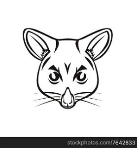 Mascot illustration of head of a common brushtail possum Trichosurus vulpecula, a nocturnal, semi-arboreal marsupial of the family Phalangeridae, native to Australia viewed from front in retro style.. Head of Common Brushtail Possum Trichosurus Vulpecula Semi-Arboreal Marsupial Mascot Black and White