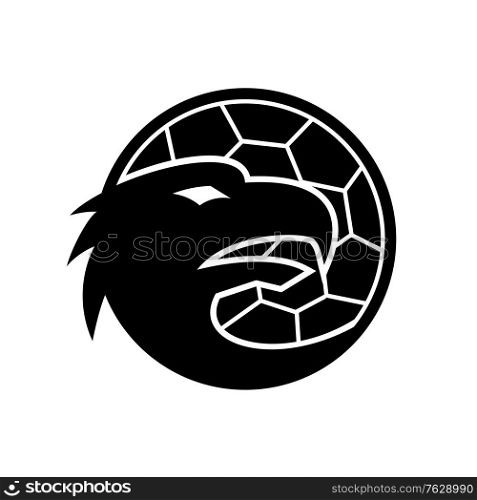 Mascot illustration of head of a European eagle inside handball ball viewed from side on isolated background in retro style in black and white. . Head of European Eagle Inside Handball Ball Mascot Black and White