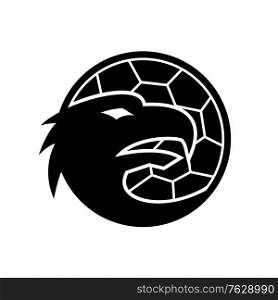 Mascot illustration of head of a European eagle inside handball ball viewed from side on isolated background in retro style in black and white. . Head of European Eagle Inside Handball Ball Mascot Black and White