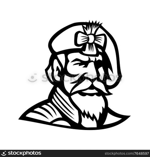 Mascot illustration of head of a Jacobite highlander wearing a beret viewed from front on isolated background in retro Black and White style.. Head of Jacobite Highlander Wearing Beret Mascot Black and White
