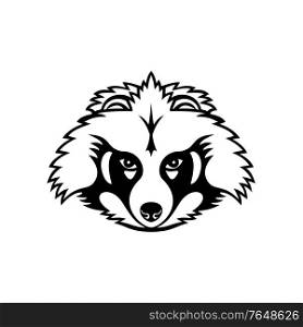 Mascot illustration of head of a Japanese raccoon dog or tanuki, a subspecies of the Asian raccoon dog viewed from front on isolated background in retro black and white style.. Head of a Japanese Raccoon Dog or Tanuki Front View Mascot Black and White