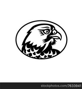 Mascot illustration of head of a peregrine falcon or the duck hawk in North America, a bird of prey in the family Falconidae, viewed from side on isolated background in retro black and white style.. Head of Peregrine Falcon or the Duck Hawk Side Mascot Black and White