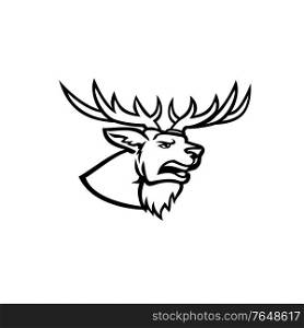 Mascot illustration of head of a stag or buck red deer Cervus elaphus, one of the largest deer species, with antlers and roaring viewed from side on isolated background in retro black and white style.. Head of a Red Deer or Cervus Elaphus Stag or Buck with Antlers Roaring Side View Mascot Black and White