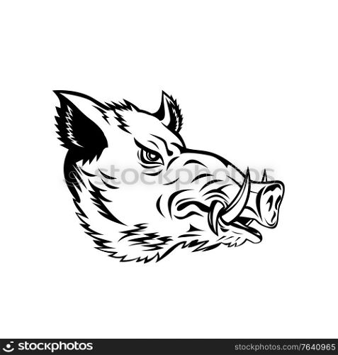 Mascot illustration of head of a wild boar, Sus scrofa, wild swine, common wild pig, a suid native to the Palearctic viewed from side on isolated background in retro black and white style.. Wild Boar Common Wild Pig or Wild Swine Head Side Mascot Black and White
