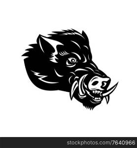 Mascot illustration of head of a wild boar, Sus scrofa, wild swine, common wild pig, a suid native to the Palearctic viewed from side on isolated background in retro woodcut black and white style.. Angry Wild Boar or Common Wild Pig Head Side Mascot Woodcut Black and White