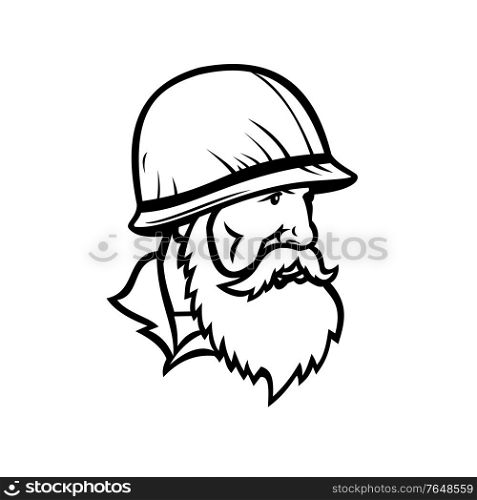 Mascot illustration of head of an American Vietnam war soldier wearing combat helmet with full beard looking to side viewed from side on isolated background in retro black and white style.. American Vietnam War Soldier Wearing Combat Helmet with Full Beard Mascot Retro Black and White