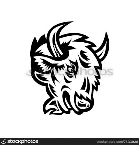 Mascot illustration of head of an angry North American bison or American buffalo viewed from side on isolated background in retro black and white style.. Head of an Angry North American Bison or American Buffalo Mascot Black and White