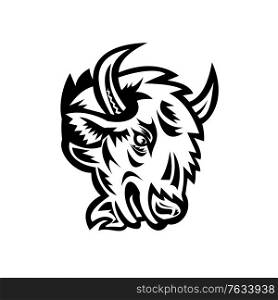 Mascot illustration of head of an angry North American bison or American buffalo viewed from side on isolated background in retro black and white style.. Head of an Angry North American Bison or American Buffalo Mascot Black and White