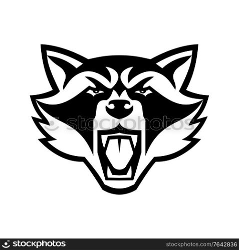 Mascot illustration of head of an angry raccoon, North American raccoon or northern raccoon, a medium-sized mammal front view on isolated background done in black and white retro style.. Head of Angry North American Raccoon Front View Mascot Black and White Mascot