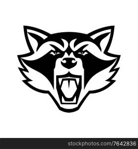 Mascot illustration of head of an angry raccoon, North American raccoon or northern raccoon, a medium-sized mammal front view on isolated background done in black and white retro style.. Head of Angry North American Raccoon Front View Mascot Black and White Mascot