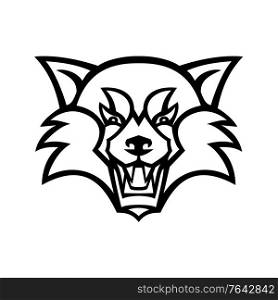 Mascot illustration of head of an angry red panda, the lesser panda, red bear-cat, or the red cat-bear viewed from front on isolated background in retro black and white style.. Head of an Angry Red Panda or Red Bear-Cat Front View Mascot Black and White