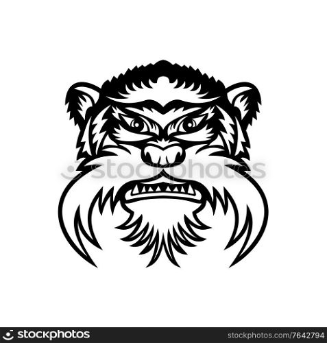 Mascot illustration of head of an emperor tamarin or Saguinus imperator, a species of tamarin monkey in the Amazonas viewed from front on isolated background in retro black and white style.. Head of Emperor Tamarin Monkey Front View Mascot Black and White