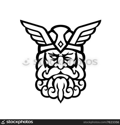 Mascot illustration of head of Odin, also called Wodan, Woden, or Wotan, one of the principal gods in Norse mythology viewed from front on isolated background in retro Black and white style.. Head of Odin Norse God Front View Mascot Black and White