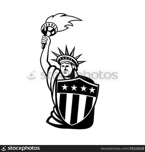 Mascot illustration of Lady Liberty with flaming torch and USA American stars and stripes shield viewed from front on isolated background in retro black and white style. Lady Liberty with Torch and USA American Stars and Stripes Shield Mascot Black and White