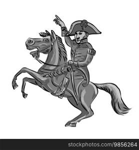 Mascot illustration of Napoleon Bonaparte or Napoleon I, a French emperor and military commander riding a prancing horse viewed from side on isolated background done cartoon retro style. . Napoleon Bonaparte or Napoleon I Riding Prancing Horse Side View Cartoon Mascot 