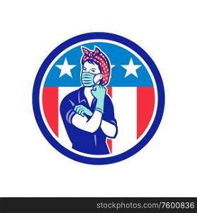 Mascot illustration of Rosie, the riveter, as medical healthcare essential worker wearing a surgical mask and gloves with USA stars and stripes flag set inside circle done in retro style.. Rosie The Riveter Wearing Mask USA Flag Mascot