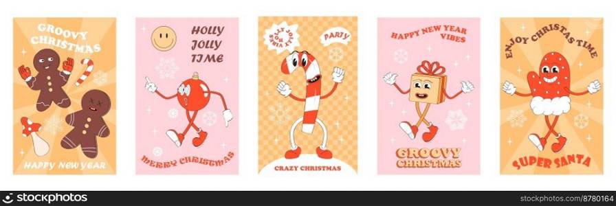 Mascot New Year character retro vector set. Holly jolly gift, crazy, groovy christmas greeting card. Gingerbread, santa stick. New Year 30s, 40s, 50s greeting characters.. Mascot New Year character retro vector set. Holly jolly gift, crazy, groovy christmas greeting card. Gingerbread, santa stick.