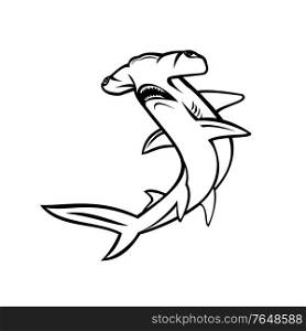 Mascot style illustration of a scalloped hammerhead Sphyrna lewini, a species of hammerhead shark, and part of the family Sphyrnidaeon swimming up on isolated background in black and white.. Scalloped Hammerhead Shark or Sphyrna Lewini Swimming Up Mascot and White