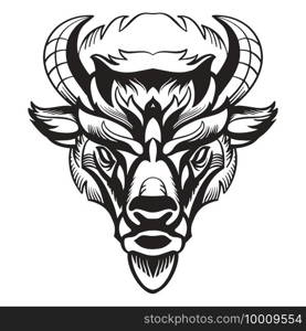 Mascot. Vector head of bison. Black illustration of danger wild bull isolated on white background. For decoration, print, design, logo, sport clubs, tattoo, t-shirt design, stickers.. Vector head of mascot bison isolated on white