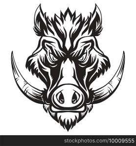 Mascot. Vector head of boar. Black illustration of danger wild pig isolated on white background. For decoration, print, design, logo, sport clubs, tattoo, t-shirt design, stickers.. Vector head of mascot boar isolated on white