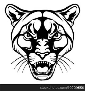Mascot. Vector head of cougar. Black illustration of danger wild cat isolated on white background. For decoration, print, design, logo, sport clubs, tattoo, t-shirt design, stickers.. Vector head of mascot cougar isolated on white