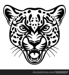 Mascot. Vector head of cougar. Black illustration of danger wild cat isolated on white background. For decoration, print, design, logo, sport clubs, tattoo, t-shirt design, stickers.. Vector head of mascot leopard isolated on white