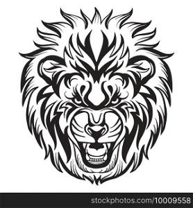 Mascot. Vector head of lion. Black illustration of danger wild cat isolated on white background. For decoration, print, design, logo, sport clubs, tattoo, t-shirt design, stickers.. Vector head of mascot lion isolated on white