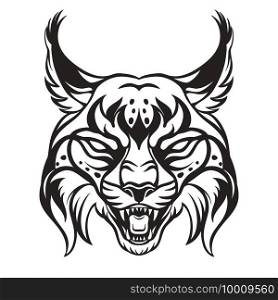 Mascot. Vector head of lynx. Black illustration of danger bobcat isolated on white background. For decoration, print, design, logo, sport clubs, tattoo, t-shirt design, stickers.. Vector head of mascot lynx isolated on white
