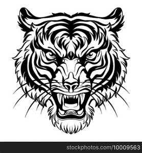 Mascot. Vector head of tiger. Black illustration of danger wild cat isolated on white background. For decoration, print, design, logo, sport clubs, tattoo, t-shirt design, stickers.. Vector head of mascot tiger isolated on white