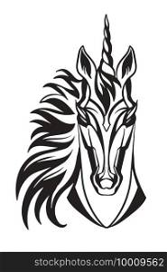 Mascot. Vector head of unicorn . Black illustration of danger wild horse isolated on white background. For decoration, print, design, logo, sport clubs, tattoo, t-shirt design, stickers.. Vector head of mascot unicorn isolated on white