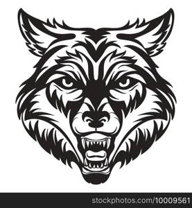 Mascot. Vector head of wolf. Black illustration of danger wild beast isolated on white background. For decoration, print, design, logo, sport clubs, tattoo, t-shirt design, stickers.. Vector head of mascot wolf isolated on white
