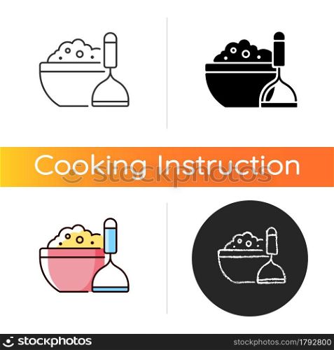 Mash potato icon. Vegan gravy recipe. Thanksgiving dish. Nutrient meal. Cooking instruction. Food preparation process. Linear black and RGB color styles. Isolated vector illustrations. Mash potato icon