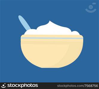 Mashed potatoes in bowl vector. Flat illustration of pratie dish on plate with cutlery isolated on blue. Rustic cooking meal, homemade puree icon. Mashed Potatoes in Bowl with Cutlery Vector Icon