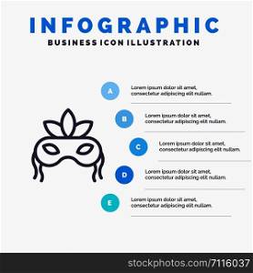 Mask, Costume, Venetian, Madrigals Blue Infographics Template 5 Steps. Vector Line Icon template
