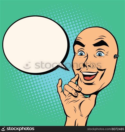 Mask happy face in hands, pop art retro vector illustration. The man says. Human emotions