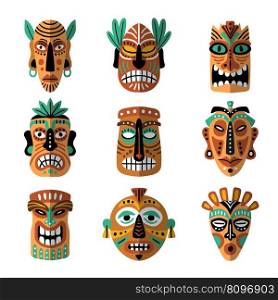 Mask totems. Hawaii authentic tribal masks mythological totems recent vector cartoon templates of totem mask hawaii illustration. Mask totems. Hawaii authentic tribal masks mythological totems recent vector cartoon templates