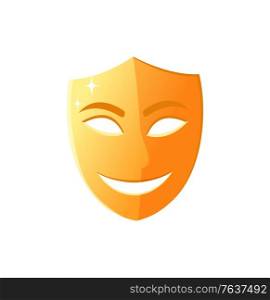 Mask with smile on face, comedy performance in theater isolated icon, golden disguise worn by actors and artists on concerts mood expression. Vector illustration in flat cartoon style. Smiling Mask, Happy Face with Smile Theater Icon