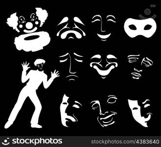 Mask6. Set of icons of masks of fun and grief. A vector illustration