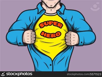 Masked comic book superhero adult man under cover opening his shirt concept vector illustration