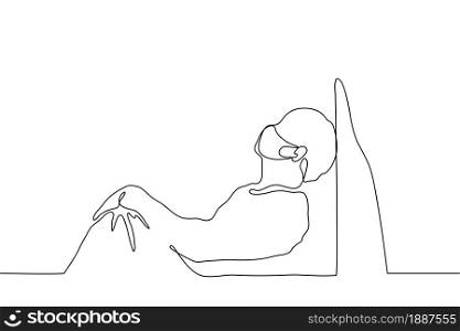 masked man sits on the floor with his back and head resting on the wall, his hands folded in knees and his face directed towards the ceiling. one line drawing