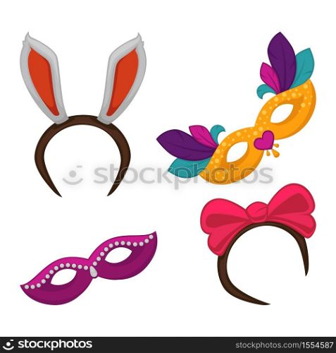 Masks and costume elements carnival masquerade or Halloween party vector isolated bunny ears and bow feathers and rhinestones facial cover and decor dressing and accessories celebration or festival.. Carnival masquerade or Halloween party costume elements and masks