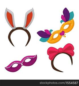 Masks and costume elements carnival masquerade or Halloween party vector isolated bunny ears and bow feathers and rhinestones facial cover and decor dressing and accessories celebration or festival.. Carnival masquerade or Halloween party costume elements and masks