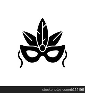 Masks black glyph icon. Carnival dressing. Costume for masquerade. Fantasy orante face mask. Brazilian festival. Halloween disguise. Silhouette symbol on white space. Vector isolated illustration. Masks black glyph icon