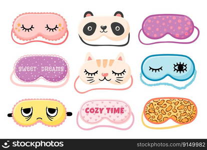 Masks for dreaming with eyes and smile collection. Illustration of mask for sleep and dream night, relaxation blindfold vector. Masks for dreaming with eyes and smile collection